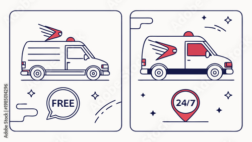 Fast Shipping Truck Icon Collection, Free Delivery, 24h Express Service, Speed Van Symbols on White Background Vector