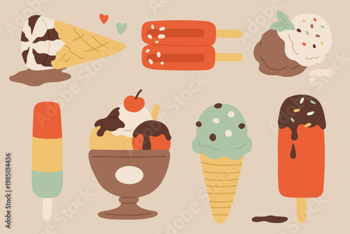 Colorful collection of ice cream on soft background in flat cartoon style. set of cones, popsicles, scoops and desserts with chocolate, fruit and toppings. Bright summer sweets for kids design, packag