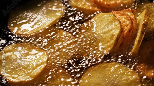 Close-up of potato slices frying in hot oil, crispy texture