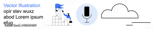 Technology, communication, cloud computing, voice recognition, teamwork, modern innovation. Worker with boxes, microphone icon and minimalist cloud graphic. Communication and cloud computing concept