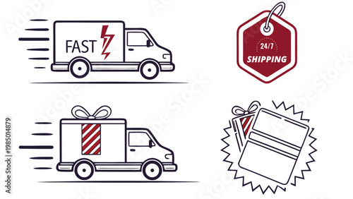 Fast Shipping Truck Icon Collection, Free Delivery, 24h Express Service, Speed Van Symbols on White Background Vector