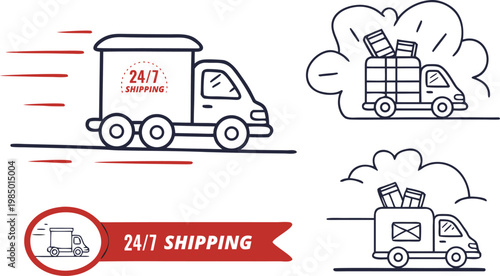 Fast Shipping Truck Icon Collection, Free Delivery, 24h Express Service, Speed Van Symbols on White Background Vector
