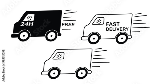 Fast Shipping Truck Icon Collection, Free Delivery, 24h Express Service, Speed Van Symbols on White Background Vector