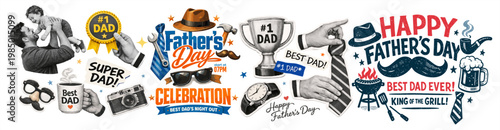 Happy Father’s Day vector set with dad and child, tools, mustache, grill and typography. Vintage halftone scrapbook style, isolated on transparent background, perfect for card, poster, gift