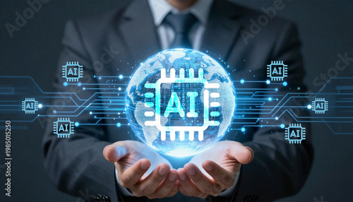 Businessman holding a digital glowing globe with an AI chip icon. Represents global artificial intelligence technology, machine learning, and futuristic digital transformation concepts.
