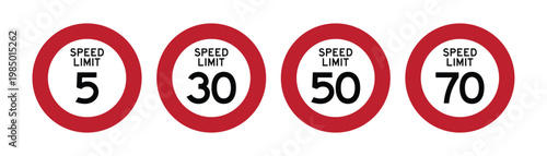 Speed Limit Signs Set Vector 5 30 50 70, Road Traffic Speed Limit Icons Collection with Red Circle for Driving Regulations, Transportation and Road Safety Design