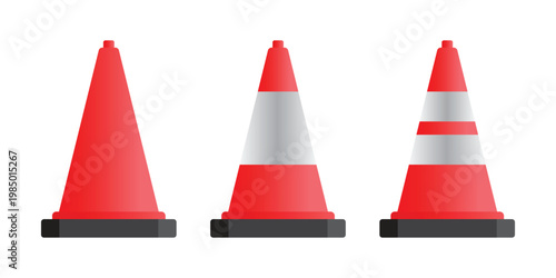 Traffic Cone Set Vector Orange Safety Cones with Reflective Stripes, Road Construction Cones Collection for Warning, Roadworks, Safety Barriers and Traffic Control