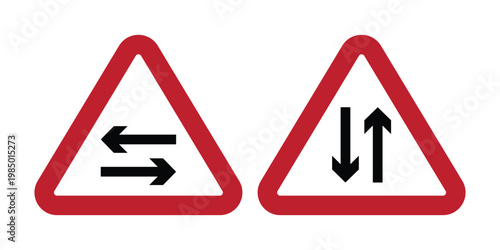 Two Way Traffic Warning Signs Vector Set, Road Hazard Signs with Opposite Direction Arrows Horizontal and Vertical for Traffic Safety and Driving Awareness
