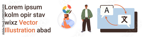 Language learning, global communication, translation, education, multilingual tools, cultural exchange. Colorful icons of letters with arrows, a globe and a professional figure. Language learning