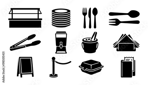Buffet Restaurant Equipment Silhouettes Set, Catering Service Tools and Dining Icons