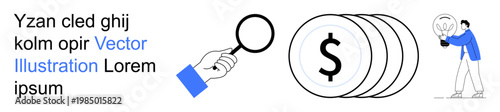 Finance, innovation, research, wealth management, problem-solving, economic growth. Hand with magnifying glass and dollar coins beside a man holding a lightbulb. Financial analysis and innovation