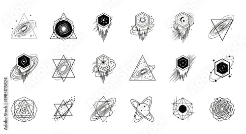 Geometric shapes with mystical symbols and eyes.
