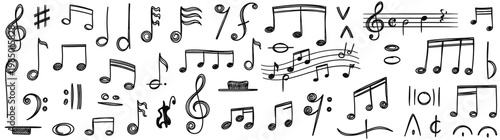 Hand Drawn Vector Doodle Icon Set : Various Black Music Notes and Symbols Isolated on White
