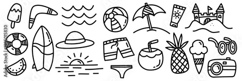 Summer icon set. Collection of summer element vector icons with hand drawn doodle design style.