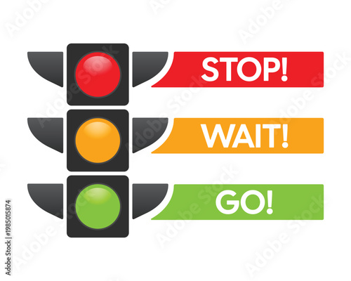 Traffic Light Stop Wait Go Sign Vector Set, Red Yellow Green Signal with Text Labels for Road Safety, Driving Instruction, Transportation and Traffic Control Design