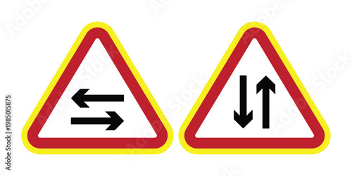 Two Way Traffic Warning Signs Vector Set Yellow Border, Road Hazard Signs with Opposite Direction Arrows Horizontal and Vertical for Safety and Driving Awareness