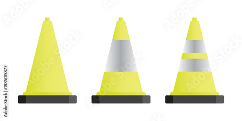 Yellow Traffic Cone Set Vector High Visibility Safety Cones with Reflective Stripes, Road Construction and Hazard Warning Cones for Traffic Control and Work Zones