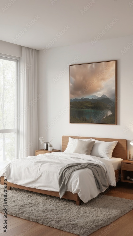 Fototapeta premium A modern and minimalist bedroom featuring a large landscape painting on the wall, set against white bedding with gray carpeting.