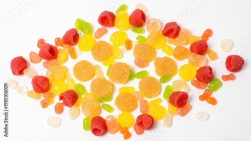 Variety of candy types in a fish shape arrangement