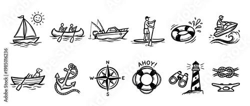 Diverse collection of hand-drawn nautical and marine themed icons, featuring various boats, water sports, and navigational elements, presented in a charming sketch style on a clean white background