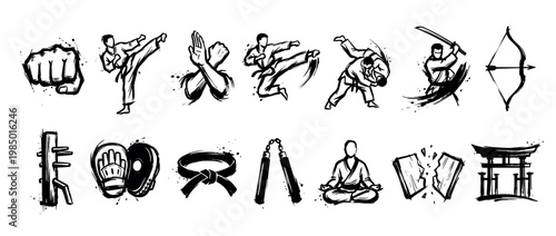 Various black and white martial arts themed illustrations depicting different poses, weapons, and training elements, rendered in a striking brush stroke style, isolated on a clean white background