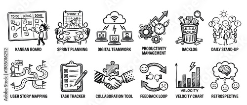 Collection of hand-drawn agile project management icons depicting various business processes and teamwork concepts, presented in a clean black and white doodle style on a white background
