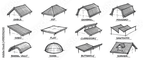 Twelve different architectural roof types are illustrated in a hand-drawn sketch style, showcasing various building designs and structures on a clean white background