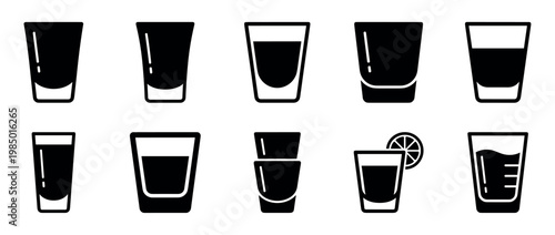 Collection of ten diverse shot glass icons, featuring various fills, one with a lemon slice, and two stacked, all in a minimalist black and white flat design, isolated on white