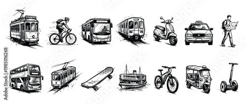 Various hand-drawn urban transportation vehicles and a tourist exploring, depicted in a classic ink sketch style on a clean white background