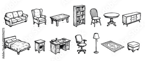 Collection of hand-drawn black and white furniture sketches, featuring various household items like a sofa, bed, and desk, presented in a rough, artistic ink style, isolated on white