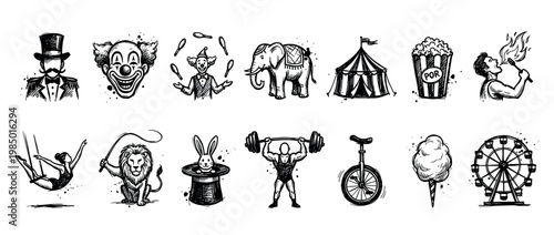 Comprehensive set of hand-drawn circus and carnival elements, featuring performers, animals, and attractions, depicted in a classic vintage sketch style with black ink on a clean white background