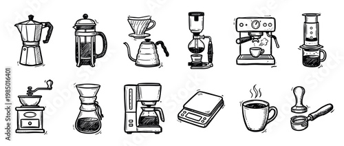 Various hand-drawn coffee making equipment icons showcasing different brewing methods and accessories in a simple, illustrative doodle style on a clean white background