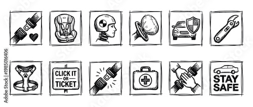 Collection of hand-drawn car safety related icons, including seatbelts, child seats, airbags, and a first aid kit, presented in a rough sketch style on a white background