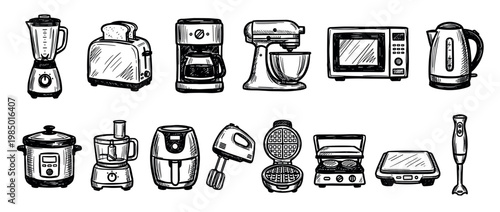 Various hand-drawn kitchen appliances are neatly arranged in a charming sketch style, isolated on a clean white background, showcasing essential home cooking tools
