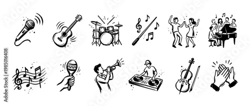Collection of hand-drawn music and performance icons, including instruments, dancers, singers, and a DJ, depicted in a lively sketch style isolated on a white background