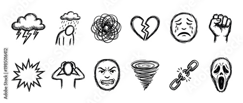 Collection of hand-drawn black-and-white icons representing various negative emotions, mental health struggles, and challenging situations, depicted in a sketchy, expressive style 