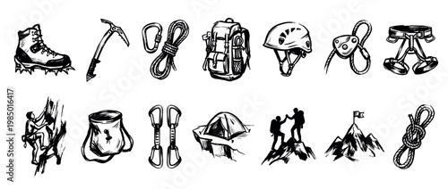 Hand drawn black and white collection of mountaineering and climbing equipment and adventure scenes, isolated on white background, depicting various tools and activities with a vintage sketch style