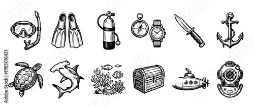 Vintage hand-drawn diving and ocean exploration icons, featuring various sea life, equipment, and adventure elements in an engraved style, isolated on a clean white background