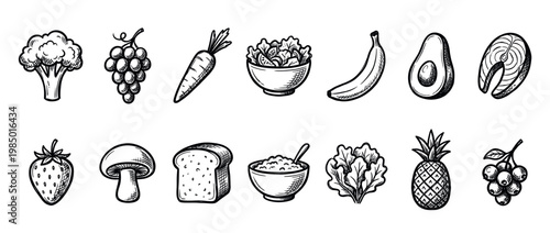 Various hand-drawn healthy food ingredient illustrations showcasing fresh fruits, vegetables, and other nutritious items in a rustic sketch style, isolated on white
