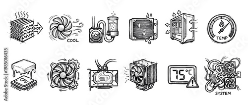 Various hand drawn computer cooling system illustrations depicting components like fans, radiators, liquid coolers, and temperature gauges in a sketch style on a white background