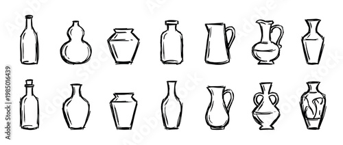 Collection of hand-drawn sketchy bottles, vases, and pitchers, showcasing various shapes and sizes with a rustic, artistic doodle style, isolated on a clean white background