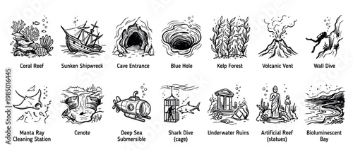 Comprehensive set of detailed black and white marine icons, illustrating various underwater environments and activities in a clean, hand-drawn style on a white background