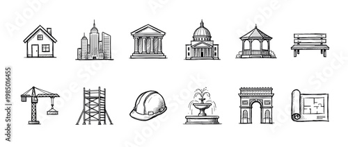 Collection of hand-drawn architectural and construction icons, showcasing various buildings, urban elements, and tools in a sketchy doodle style, isolated on white