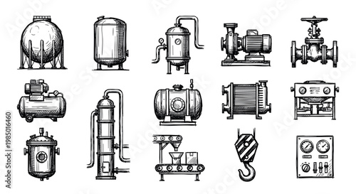 Various hand-drawn industrial equipment illustrations, including tanks, pumps, and valves, depicted in a detailed sketch style on a clean white background