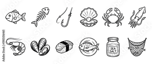 Collection of hand-drawn seafood and fishing icons, including fish, crab, shrimp, sushi, and fishing gear, rendered in a charming black and white sketch style on a clean white background