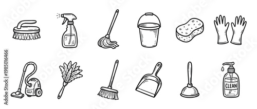 Collection of hand-drawn cleaning tools and supplies, featuring various household items like brushes, mops, and sponges, presented in a simple doodle style on a clean white background