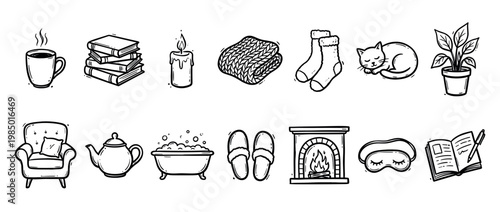 Hand drawn cozy home comfort icons set features a mug, books, candle, blanket, socks, cat, plant, armchair, teapot, bathtub, slippers, fireplace, sleep mask, and open book, isolated