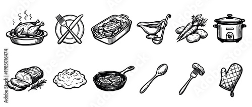 Hand drawn cooking and food icons set featuring various kitchen utensils, prepared dishes, and raw ingredients in a detailed sketch style, isolated on white