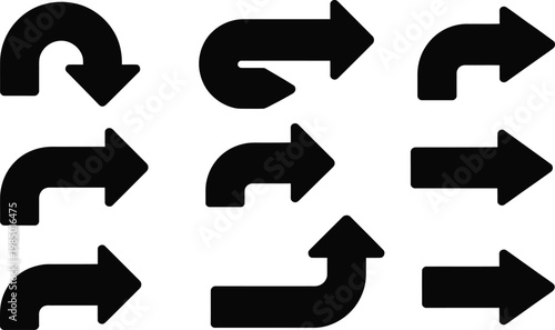 A collection of nine black arrow icons pointing in various directions, including curved, L-shaped, and straight designs on a white background.