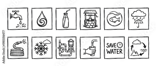 Collection of hand-drawn water conservation icons, depicting various aspects of water usage, resources, and environmental protection in a doodle sketch style on a clean white background